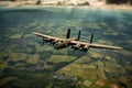 restored wwii bomber in flight over countryside Royalty Free Stock Photo