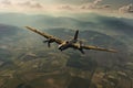 restored wwii bomber in flight over countryside Royalty Free Stock Photo