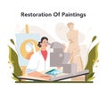 Restorer concept. Artist restoring an old painting. Person carefully