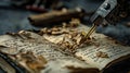 Restoring history close-up of a stapler binding torn pages in an aged book creative workspace artistic environment macro view