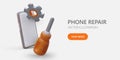 Restoring phones. Popular brands smartphones repair. Vector banner with 3D elements