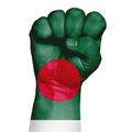 A restrained image of a fist painted in the colors of the flag of Bangladesh. Image on a white background