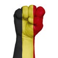 Restrained image of a fist painted in the colors of the flag of Belgium. Image on a white background