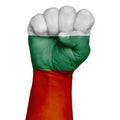 Restrained image of a fist painted in the colors of the flag of Bulgaria. Image on a white background