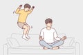 Restrained man sits cross-legged doing yoga ignoring younger brother jumping on sofa. Vector image