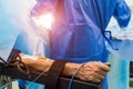 Restrainted patient on the operation table in surgery with a drip in a hand Royalty Free Stock Photo