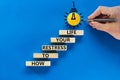 Restress your life symbol. Concept words How to restress your life on wooden blocks. Doctor hand. Beautiful blue background.