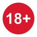 18+ restriction flat sign isolated in red circle. Age limit symbol. No under eighteen years warning illustration