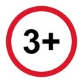 3+ restriction flat sign isolated on white background. Age limit symbol. No under three years warning illustration