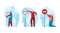 Restriction stop sign, vector illustration. Man people character hold warning plate with restricted symbol set, flat