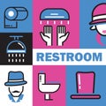 Restroom colorful collage of line icons, vector illustration. Public toilet door sign stickers, man and woman emblem