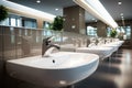 Restroom concept Modern public bathroom with row of white sinks Royalty Free Stock Photo