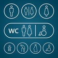 Restroom male female pregnant cripple oldster and baby sign outline stroke Royalty Free Stock Photo