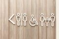 Restroom sign modern white color on light warm wooden wall in public building. Royalty Free Stock Photo