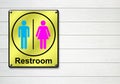 Restroom sign on white wooden wall background