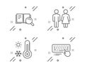 Restroom, Weather thermometer and Search book icons set. Computer keyboard sign. Vector