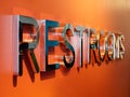 Restrooms 3d silver text orange wall perspective view