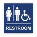Restrooms sign. Blue toilet sign with lady, man and person with disability symbols and text vector sign ESP10