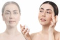 Result before and after using cosmetics. Portraits of an old woman, and a young woman applying cream to her face. White
