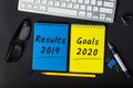 Results 2019 and Goals 2020 - reports and plans on the desktop. Business New Year concept - 2020 is replacing 2019 year Royalty Free Stock Photo