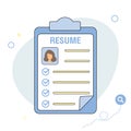 Resume form. Clipboard with resume. Woman fills in questionnaire. Writing business resume. Concept of employment. Job Royalty Free Stock Photo