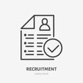 Resume line icon, vector pictogram of portfolio. Approve job interview form illustration, sign for hr business