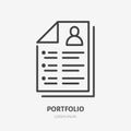 Resume line icon, vector pictogram of portfolio. Job interview form illustration, sign for hr business