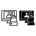 Resume on monitor line icon. Hand pointing on screen with vacancy document vector illustration isolated on white. Paper Royalty Free Stock Photo