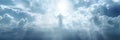 Resurrected angel ascending to heavenly light, surrounded by clouds, symbolizing god s second coming Royalty Free Stock Photo