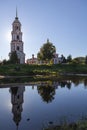 Resurrection Cathedral in the city of Staraya Russa, Russia, reflected in river water