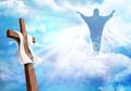 Resurrection. Christian cross with risen Jesus Christ and clouds sky background. Life after death