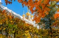 Resurrection church dome of Catherine palace in autumn foliage, Pushkin Tsarskoe Selo, Saint Petersburg, Russia Royalty Free Stock Photo