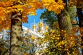 Resurrection church dome of Catherine palace and autumn foliage in Tsarskoe Selo Pushkin, Saint Petersburg, Russia Royalty Free Stock Photo