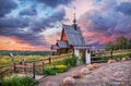 The Resurrection Church on Mount Levitan in Plyos in the rays sun