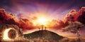 Resurrection - Crosses And Empty Tomb With Crucifixion At Sunrise Royalty Free Stock Photo