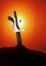 Resurrection or crucifixion. Empty landscape with cross at sunset. Christian Easter concept. 3d illustration