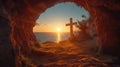 Resurrection: Empty Tomb of Jesus Christ with Shroud and Crucifixion at Sunrise Royalty Free Stock Photo