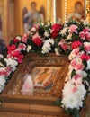 Resurrection Icon in the Orthodox church decorated with flowers