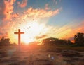 Resurrection of Jesus Christ concept: God Lamb in front of the cross of Jesus Christ on sunrise background