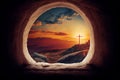 Resurrection of Jesus Christ, empty grave tomb with cross, bible story of Easter, crucifixion at sunrise