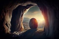 Resurrection of Jesus Christ, empty grave tomb with shroud, bible story of Easter, crucifixion at sunrise, generative AI Royalty Free Stock Photo