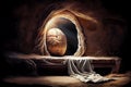 Resurrection of Jesus Christ, empty grave tomb with shroud, bible story of Easter, crucifixion at sunrise Royalty Free Stock Photo