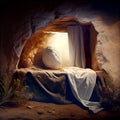 Resurrection of Jesus Christ, empty grave tomb with shroud, bible story of Easter, crucifixion at sunrise Royalty Free Stock Photo