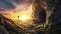 Resurrection of Jesus Christ portrayed against a sunrise background, with an empty tomb, shroud, and crucifixion imagery Royalty Free Stock Photo