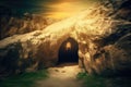 Resurrection Of Jesus Christ - Tomb Empty With Shroud And Crucifixion At Sunrise With Abstract Magic Lights Royalty Free Stock Photo