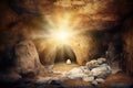 Resurrection Of Jesus Christ - Tomb Empty With Shroud And Crucifixion At Sunrise With Abstract Magic Lights Royalty Free Stock Photo