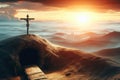 Resurrection Of Jesus Christ, Tomb Empty With Shroud And Crucifixion At Sunrise With Abstract Magic Royalty Free Stock Photo