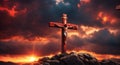 Resurrection\'s Radiance: The Cross of Jesus Christ on Golgotha\'s Dramatic Horizon Royalty Free Stock Photo