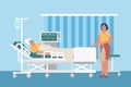 Resuscitation medical ward with drip, ventilator, sad woman and patient in hospital bed, flat vector illustration.
