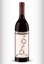 Resveratrol molecule and bottle of wine. Resveratrol is natural phenol, phytoalexin, antioxidant. Skeletal chemical formula